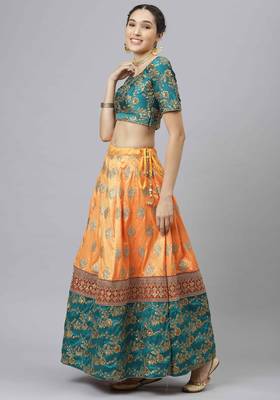 Shubhkala Eye Catching Yellow Embroidered Banarasi Silk Semi Stitched Lehenga With Dupatta 3