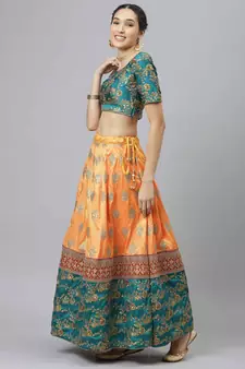 Shubhkala Eye Catching Yellow Embroidered Banarasi Silk Semi Stitched Lehenga With Dupatta