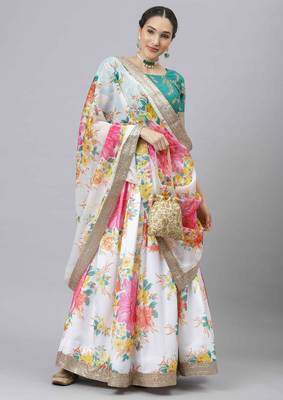 Shubhkala Off White & Green Colored Dori Zari And Sequins Embroidered & Digital Floral Printed Organza Lehenga 1