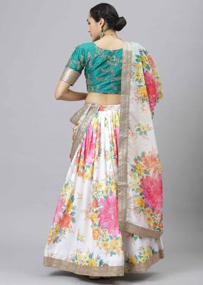 Shubhkala Off White & Green Colored Dori Zari And Sequins Embroidered & Digital Floral Printed Organza Lehenga 2