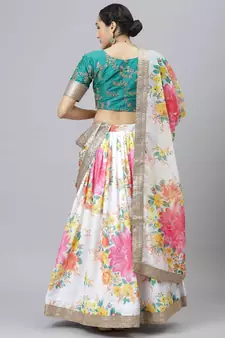 Shubhkala Off White & Green Colored Dori Zari And Sequins Embroidered & Digital Floral Printed Organza Lehenga
