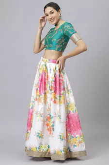 Shubhkala Off White & Green Colored Dori Zari And Sequins Embroidered & Digital Floral Printed Organza Lehenga
