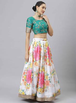 Shubhkala Off White & Green Colored Dori Zari And Sequins Embroidered & Digital Floral Printed Organza Lehenga 4
