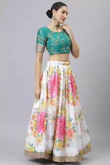 Shubhkala Off White & Green Colored Dori Zari And Sequins Embroidered & Digital Floral Printed Organza Lehenga