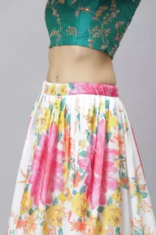 Shubhkala Off White & Green Colored Dori Zari And Sequins Embroidered & Digital Floral Printed Organza Lehenga