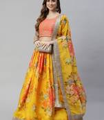 Shubhkala Yellow & Orange Colored Dori Zari And Sequins Embroidered & Digital Floral Printed Organza Party Wear Lehenga