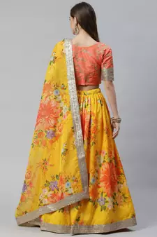 Shubhkala Yellow & Orange Colored Dori Zari And Sequins Embroidered & Digital Floral Printed Organza Party Wear Lehenga