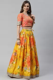 Shubhkala Yellow & Orange Colored Dori Zari And Sequins Embroidered & Digital Floral Printed Organza Party Wear Lehenga