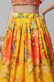 Shubhkala Yellow & Orange Colored Dori Zari And Sequins Embroidered & Digital Floral Printed Organza Party Wear Lehenga