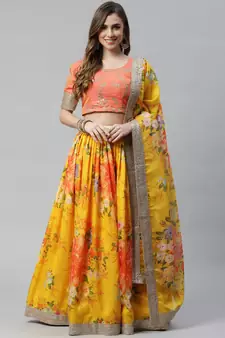 Shubhkala Yellow & Orange Colored Dori Zari And Sequins Embroidered & Digital Floral Printed Organza Party Wear Lehenga