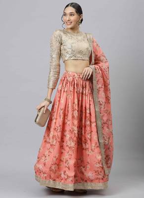 Shubhkala Pink & Beige Colored Dori Zari And Sequins Embroidered & Digital Floral Printed Organza Wedding Lehenga 1
