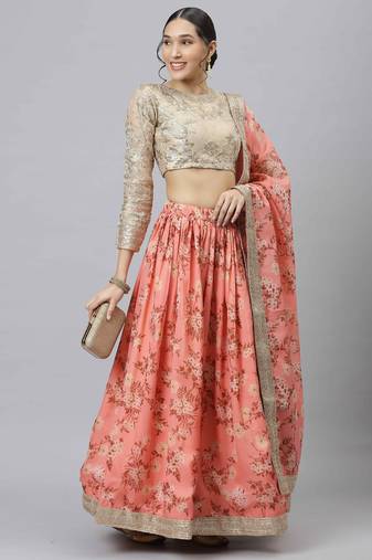 Shubhkala Pink & Beige Colored Dori Zari And Sequins Embroidered & Digital Floral Printed Organza Wedding Lehenga