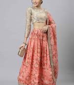 Shubhkala Pink & Beige Colored Dori Zari And Sequins Embroidered & Digital Floral Printed Organza Wedding Lehenga