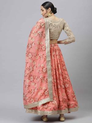 Shubhkala Pink & Beige Colored Dori Zari And Sequins Embroidered & Digital Floral Printed Organza Wedding Lehenga 2