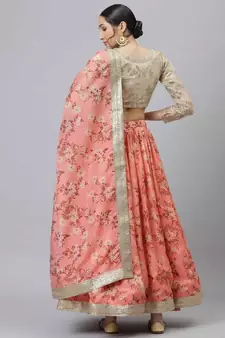 Shubhkala Pink & Beige Colored Dori Zari And Sequins Embroidered & Digital Floral Printed Organza Wedding Lehenga