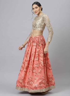 Shubhkala Pink & Beige Colored Dori Zari And Sequins Embroidered & Digital Floral Printed Organza Wedding Lehenga 3