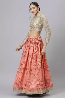 Shubhkala Pink & Beige Colored Dori Zari And Sequins Embroidered & Digital Floral Printed Organza Wedding Lehenga