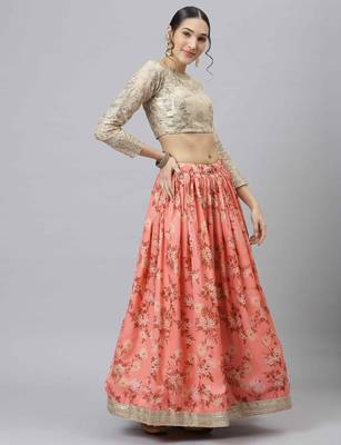 Shubhkala Pink & Beige Colored Dori Zari And Sequins Embroidered & Digital Floral Printed Organza Wedding Lehenga 4