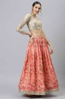 Shubhkala Pink & Beige Colored Dori Zari And Sequins Embroidered & Digital Floral Printed Organza Wedding Lehenga