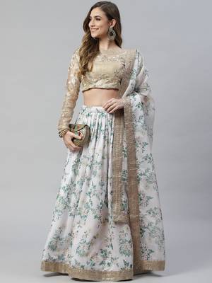 Shubhkala Off White & Beige Colored Dori Zari And Sequins Embroidered & Digital Floral Printed Organza Lehenga 1