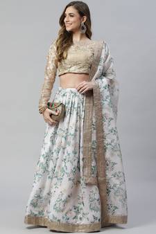 Shubhkala Off White & Beige Colored Dori Zari And Sequins Embroidered & Digital Floral Printed Organza Lehenga