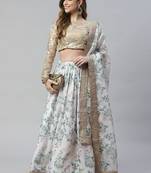 Shubhkala Off White & Beige Colored Dori Zari And Sequins Embroidered & Digital Floral Printed Organza Lehenga