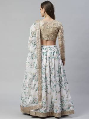Shubhkala Off White & Beige Colored Dori Zari And Sequins Embroidered & Digital Floral Printed Organza Lehenga 2