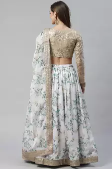 Shubhkala Off White & Beige Colored Dori Zari And Sequins Embroidered & Digital Floral Printed Organza Lehenga