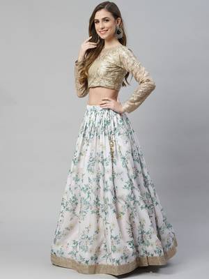 Shubhkala Off White & Beige Colored Dori Zari And Sequins Embroidered & Digital Floral Printed Organza Lehenga 3
