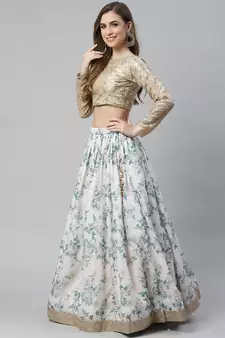 Shubhkala Off White & Beige Colored Dori Zari And Sequins Embroidered & Digital Floral Printed Organza Lehenga