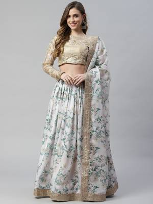 Shubhkala Off White & Beige Colored Dori Zari And Sequins Embroidered & Digital Floral Printed Organza Lehenga 5