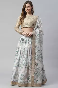 Shubhkala Off White & Beige Colored Dori Zari And Sequins Embroidered & Digital Floral Printed Organza Lehenga