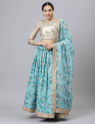 Shubhkala Sky Blue & Beige Colored Dori Zari And Sequins Embroidered & Digital Floral Printed Organza Bridal Lehenga 1