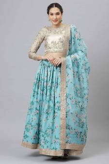 Shubhkala Sky Blue & Beige Colored Dori Zari And Sequins Embroidered & Digital Floral Printed Organza Bridal Lehenga