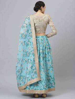 Shubhkala Sky Blue & Beige Colored Dori Zari And Sequins Embroidered & Digital Floral Printed Organza Bridal Lehenga 2