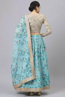 Shubhkala Sky Blue & Beige Colored Dori Zari And Sequins Embroidered & Digital Floral Printed Organza Bridal Lehenga