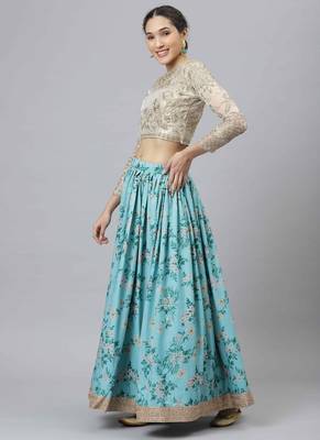 Shubhkala Sky Blue & Beige Colored Dori Zari And Sequins Embroidered & Digital Floral Printed Organza Bridal Lehenga 3