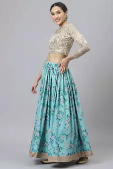 Shubhkala Sky Blue & Beige Colored Dori Zari And Sequins Embroidered & Digital Floral Printed Organza Bridal Lehenga