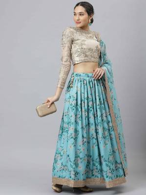 Shubhkala Sky Blue & Beige Colored Dori Zari And Sequins Embroidered & Digital Floral Printed Organza Bridal Lehenga 4