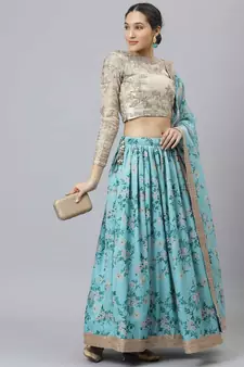 Shubhkala Sky Blue & Beige Colored Dori Zari And Sequins Embroidered & Digital Floral Printed Organza Bridal Lehenga