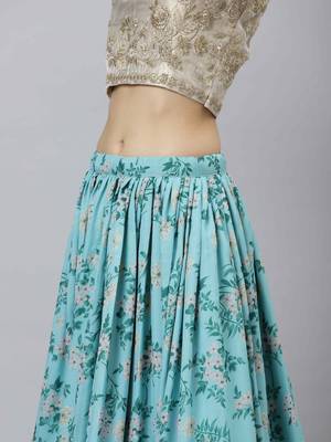 Shubhkala Sky Blue & Beige Colored Dori Zari And Sequins Embroidered & Digital Floral Printed Organza Bridal Lehenga 5
