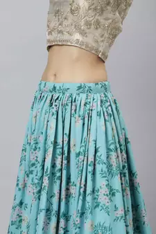 Shubhkala Sky Blue & Beige Colored Dori Zari And Sequins Embroidered & Digital Floral Printed Organza Bridal Lehenga