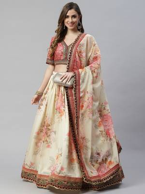 Shubhkala Beige & Peach Colored Dori Zari And Sequins Embroidered & Digital Floral Printed Organza Party Wear Lehenga 1