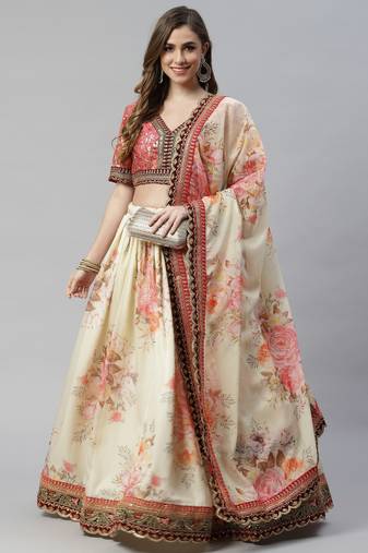 Shubhkala Beige & Peach Colored Dori Zari And Sequins Embroidered & Digital Floral Printed Organza Party Wear Lehenga