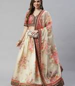 Shubhkala Beige & Peach Colored Dori Zari And Sequins Embroidered & Digital Floral Printed Organza Party Wear Lehenga