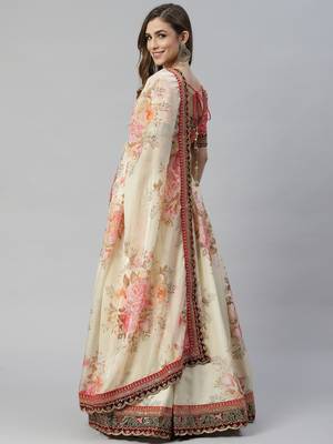 Shubhkala Beige & Peach Colored Dori Zari And Sequins Embroidered & Digital Floral Printed Organza Party Wear Lehenga 2