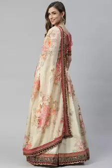 Shubhkala Beige & Peach Colored Dori Zari And Sequins Embroidered & Digital Floral Printed Organza Party Wear Lehenga