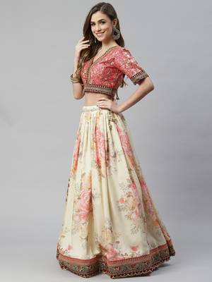 Shubhkala Beige & Peach Colored Dori Zari And Sequins Embroidered & Digital Floral Printed Organza Party Wear Lehenga 3