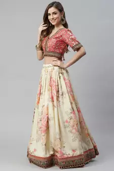 Shubhkala Beige & Peach Colored Dori Zari And Sequins Embroidered & Digital Floral Printed Organza Party Wear Lehenga