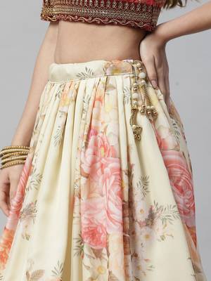 Shubhkala Beige & Peach Colored Dori Zari And Sequins Embroidered & Digital Floral Printed Organza Party Wear Lehenga 4